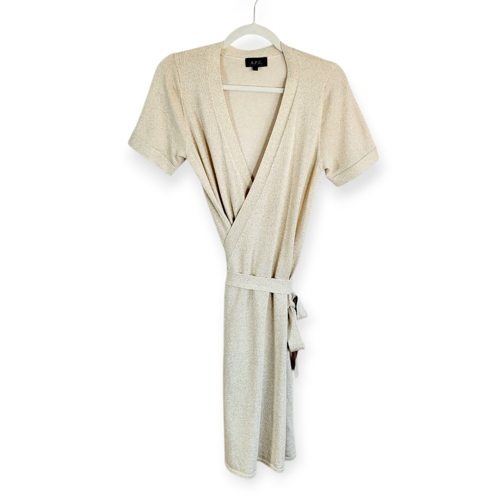 A.P.C. Paris France French Metallic Gold Cream Knit True Wrap Midi Dress Medium